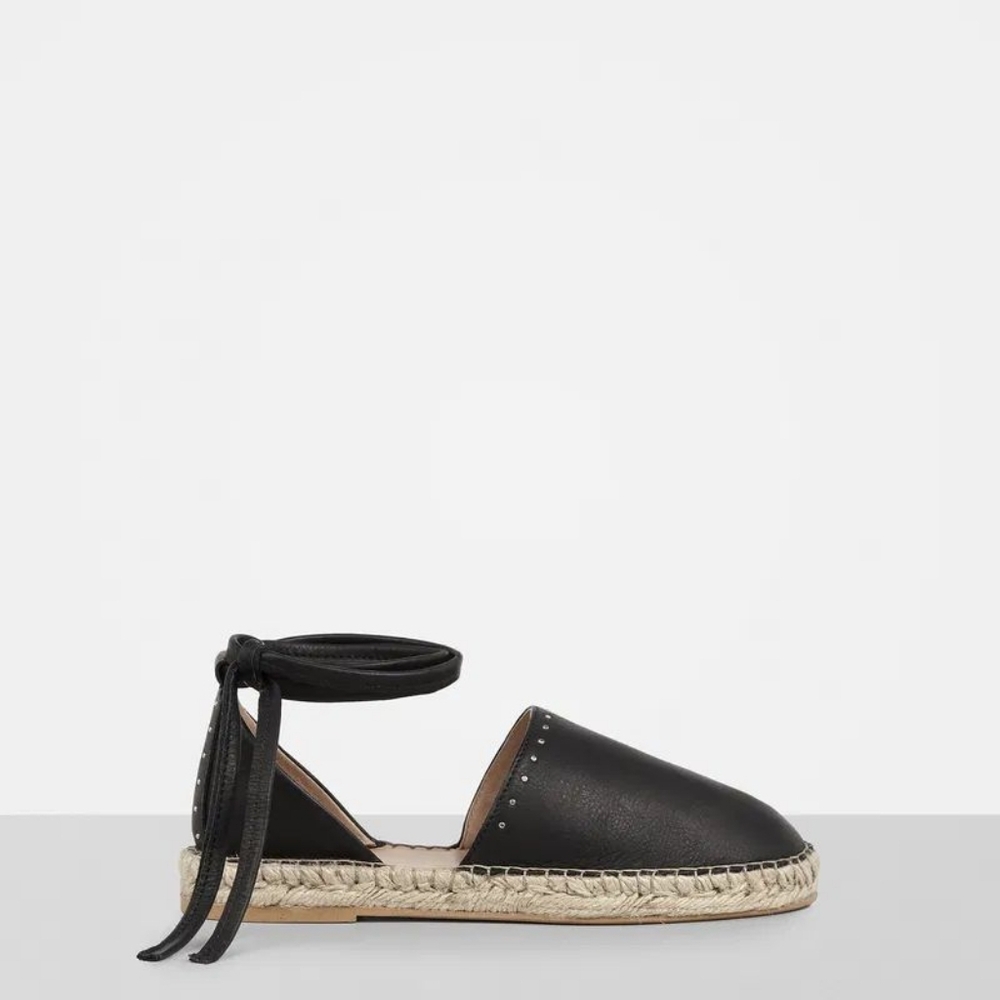 All Saints Black Leather Espadrille Ankle Tie Flats